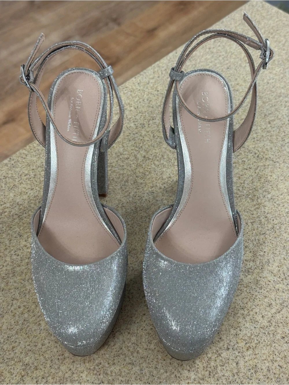 Born On Fifth Antonio Melani Silver Glitter Sparkle Platform Heels 8.5 New $129